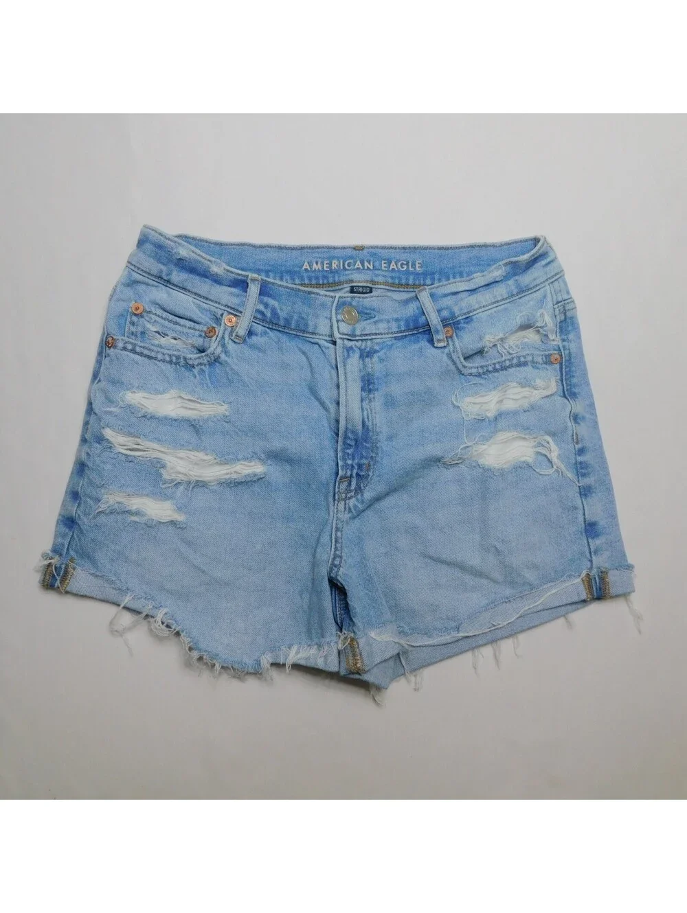 American Eagle Strigid Super High Waisted Distressed Denim Shorts Light Wash Siz